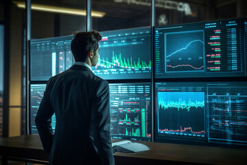 In an innovative tech hub, a male trader reviews price charts on a transparent screen, his surroundings characterized by modernity and innovation, showcasing the convergence of fin  - obrazy, fototapety, plakaty