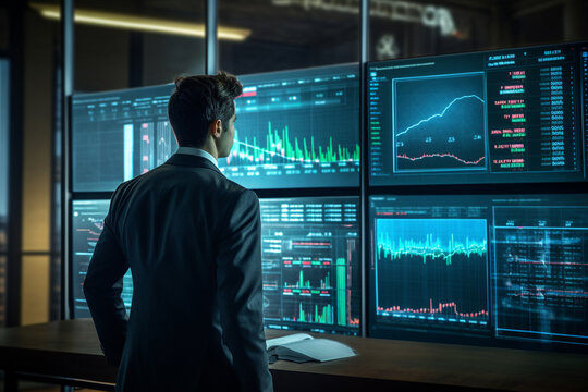 In an innovative tech hub, a male trader reviews price charts on a transparent screen, his surroundings characterized by modernity and innovation, showcasing the convergence of fin 