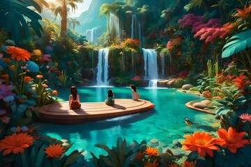 An enchanting digital illustration featuring a jungle scene with a crystal-clear lake and a gracefully flowing waterfall - AI Generative