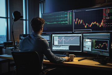 Fototapeta na wymiar In an eco-friendly trading room, a male trader studies price charts on energy-efficient screens, his workspace embracing sustainability and modernity, aligning with the evolving tr 