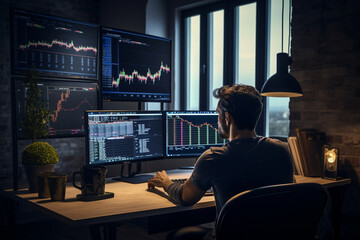 In an eco-friendly trading room, a male trader studies price charts on energy-efficient screens, his workspace embracing sustainability and modernity, aligning with the evolving tr  - obrazy, fototapety, plakaty