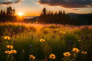 Fototapeta na wymiar A peaceful meadow with colorful wildflowers and a radiant sunset in the background - AI Generative