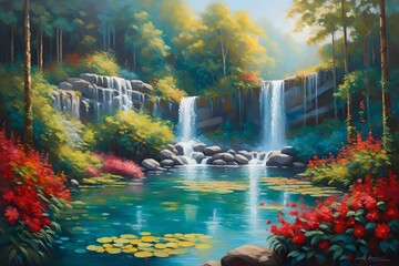 An oil painting of a tranquil lake and waterfall embraced by a lush jungle - AI Generative - obrazy, fototapety, plakaty