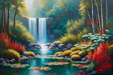 Foto op Plexiglas An oil painting of a tranquil lake and waterfall embraced by a lush jungle - AI Generative © Being Imaginative