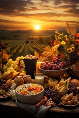 A rustic wood table with abundant fruits, vegetables, drinks, foods, wine, milk, bread, meat, cheese, nuts. Farm to table. Vineyard. vast sunset farm ranch. bonanza feast. export farm goods.