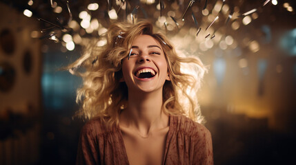 Happy young woman with VR virtual reality goggles enjoying metaverse virtual world experience