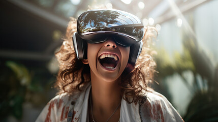 Happy young woman with VR virtual reality goggles enjoying metaverse virtual world experience