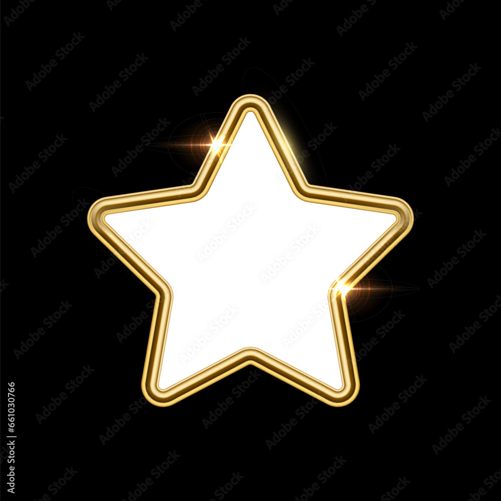 Poster 3d plate button of star shape with golden frame vector illustration. realistic isolated website elem