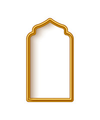 Arabic gold arch with shining lights inside isolated on white background. 3D islam window architecture shape for muslim holidays, design element door, golden tube frame. Realistic vector illustration