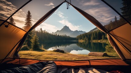 View from camp tent to the beautiful landscape of lake and mountains