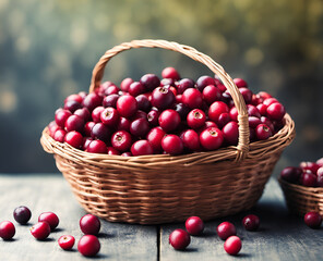 Fototapeta na wymiar Ripe appetizing cranberry berries in an overflowing basket