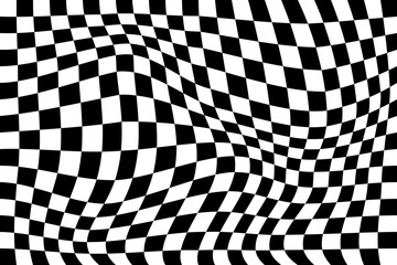 Black and white checker pattern vector illustration. Wave abstract checkered chessboard or checkerboard for game, grid with geometric square shape, race or rally flag and mosaic floor tile - obrazy, fototapety, plakaty
