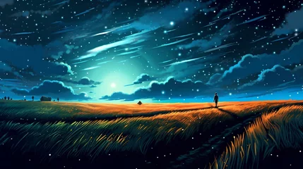 Foto op Canvas Beautiful view of grassland and sky at night background © Darrity