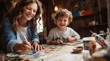 Fototapeta premium Mother and child painting together with colorful paints on a blurred room background