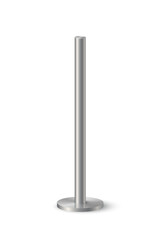 3d metal pole signpost on base vector illustration. Realistic grey steel, iron or chrome pillar with polished surface, vertical different diameter cylinder pipe holders for board or flag
