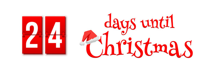 Countdown of days until Christmas, advent calendar with flip numbers template vector illustration. Red vintage text with Santa hat. 24 days until Christmas