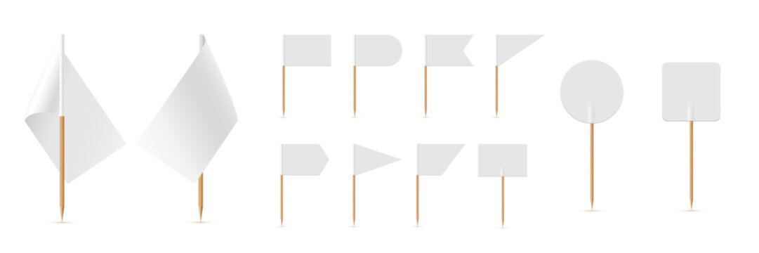 White small flags on toothpicks set vector illustration. 3D realistic blank flags of different shapes on wooden sticks, empty round triangular rectangle mini decorative pennants for food collection