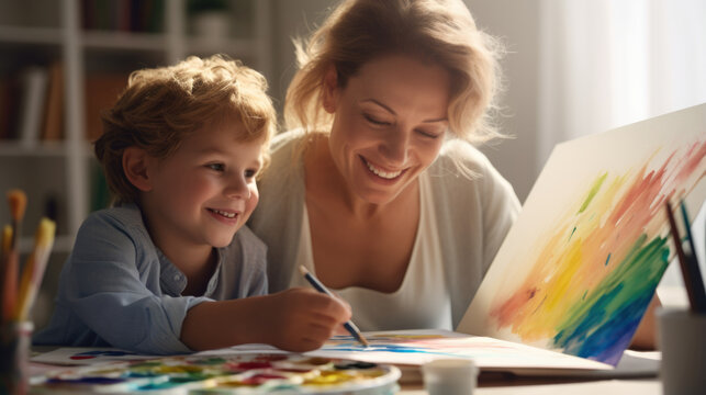 Mother and child painting together with colorful paints on a blurred room background