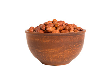 Roasted almonds in bowl isolated on white background. almonds is snack or raw of cook. Healthy food concept