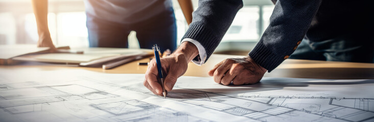 Architects interior designer hands working with Blue prints and documents for a home renovation for house design