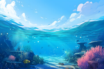 Fototapeta na wymiar Bright underwater scene with fish swimming among corals and sun rays
