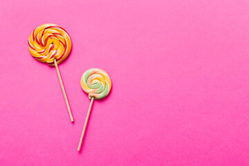 Set of colorful lollipops on colored background. Summer concept. Party Happy Birthday or Minimalist Concept