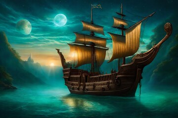 Envision a captivating scene of a mystic pirate ship adrift on the enchanting turquoise waters of a magical realm- AI Generative - obrazy, fototapety, plakaty