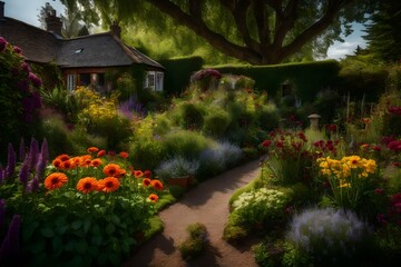 Garden with flowers for colouring and a small cottage - AI Generative
