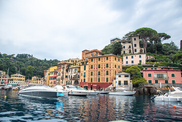 Panoramic View to colorfully painted building and see, Portofino Italy