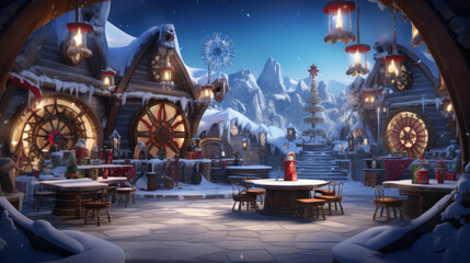 Obraz premium A captivating painting of a magical North Pole winter wonderland, showcasing Santa's grotto, enchanting castles, snow-covered mountains, and festive feasts