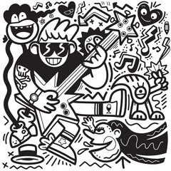 black and white doodle of a man with a guitar, in the style of playful characters ,Illustration Vector