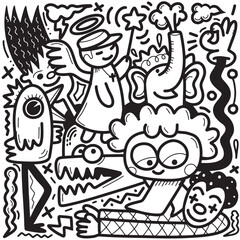 Doodle, black and white drawing of various cartoon people, in the style of playful mythology