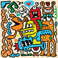 Doodle, hand drawn illustration of colorful cartoon characters, in the style of psychedelic absurdism, bold outlines