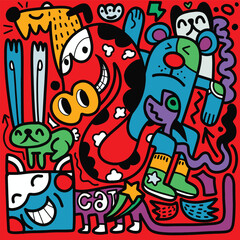 Obraz na płótnie Canvas Doodle, hand drawn illustration of colorful cartoon characters, in the style of psychedelic absurdism, bold outlines