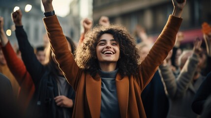 Woman raising her hands up during a protest, fighting for women's rights, freedom of speech and equal rights - obrazy, fototapety, plakaty