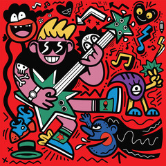 Doodle, cartoon character plays a guitar on a red background, in the style of distorted figures and forms