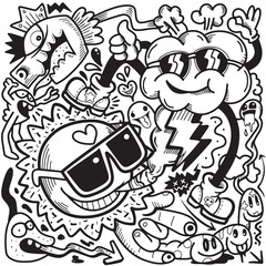 Vector illustration of Doodle cute Monster background ,Hand drawing Doodle, black and white ,coloring book