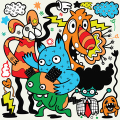 Doodle, a cartoon illustration featuring cartoon characters and cartoons, in the style of abstract bunny, psychedelic illustration