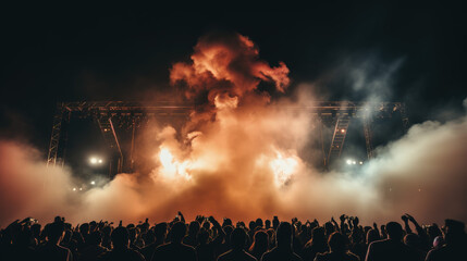 he thick smoke from the smoke machines engulfs a nighttime concert, creating an atmospheric and electrifying experience.