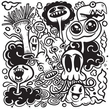 Vector illustration of Doodle cute Monster background ,Hand drawing Doodle, black and white ,coloring book
