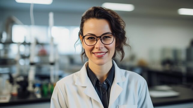Laboratory worker, educated women carrying out research, portrait of a woman in a scientist's outfit