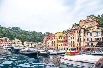 Panoramic View to colorfully painted building and see, Portofino Italy