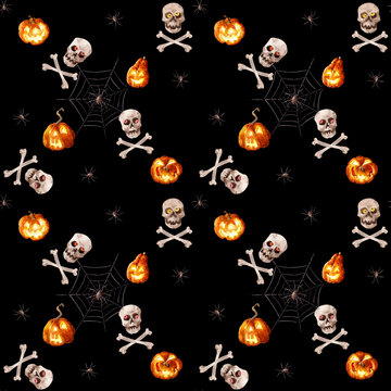 Watercolor seamless background with crossbones, glowing pumpkins on the black background