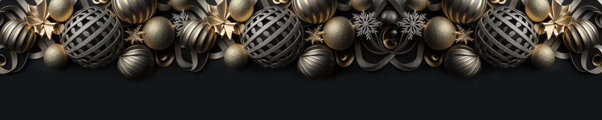 Golden and black baubles with ribbon decoration for backdrop and banner for party, design for greeting card for New year, Merry Christmas. - obrazy, fototapety, plakaty