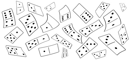 Domino tiles. Classic dominoes, domino's pictogram. Playing, parts of game full bones tiles. Black, white domino. Flat vector set. 28 pieces. White chip of domino on board for gambling. 