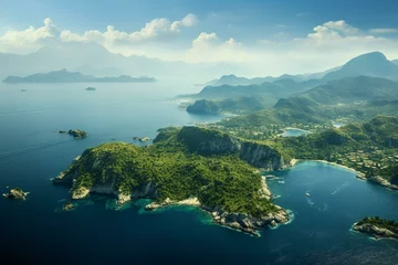 Crédence de cuisine en verre imprimé Bleu Jeans panoramic view of island landscapes from the top. Generative AI