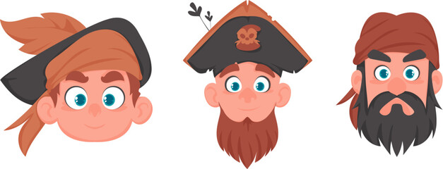 Set of various faces of pirates and robbers. Cartoon style