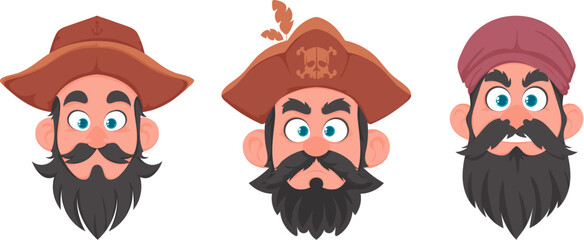 Set of various faces of pirates and robbers. Cartoon style