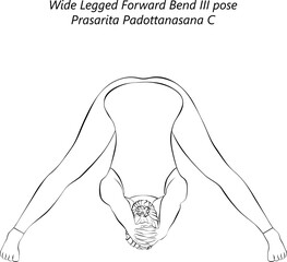 Sketch of young woman doing yogaPrasarita Padottanasana C. Wide Legged Forward Bend 3 pose. Intermediate Difficulty. Isolated vector illustration.