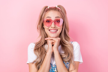 Photo of pretty cute cheerful woman with ponytails dressed flower print overall in sunglass smiling isolated on pink color background - obrazy, fototapety, plakaty